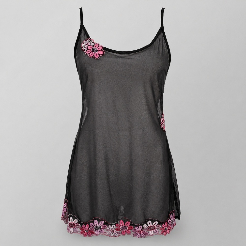 Vintage Victorias Secret Y2K Black Sheer Mesh Floral Embroidered Chemise M Girly